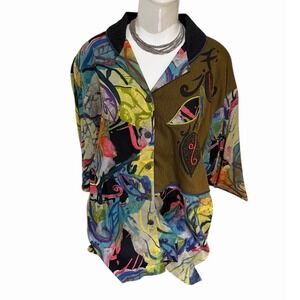 Vtg 90s Kristin J Top blouse  Artsy Wearable Art Rayon Boho Embroidered Sz M USA